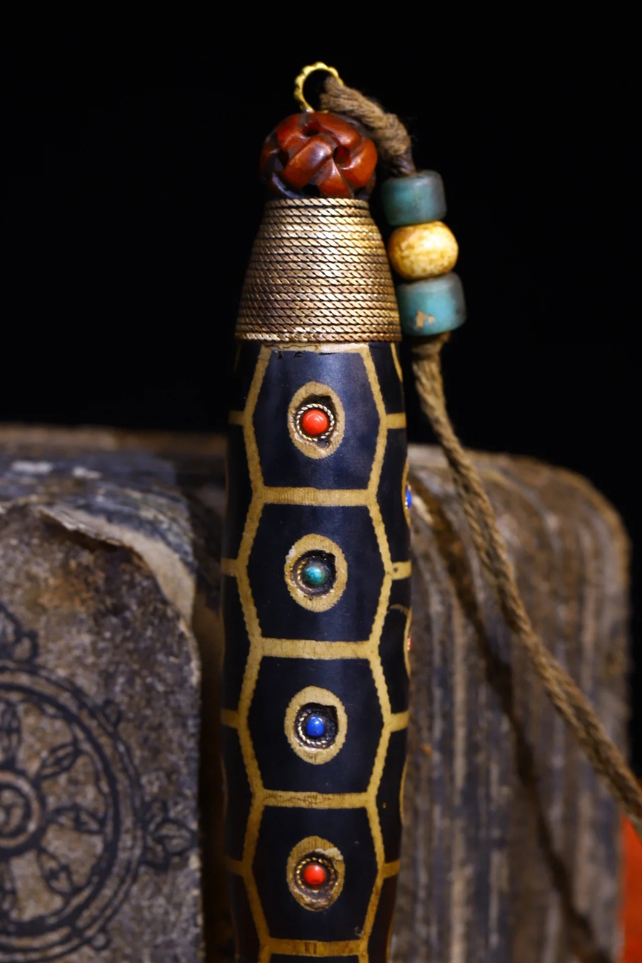 5"Tibet Temple Collection Old Natural Agate mosaic Gem gZi Beads Nine Eyed Buddha Beads Pendant Amulet Dharma Worship Hall