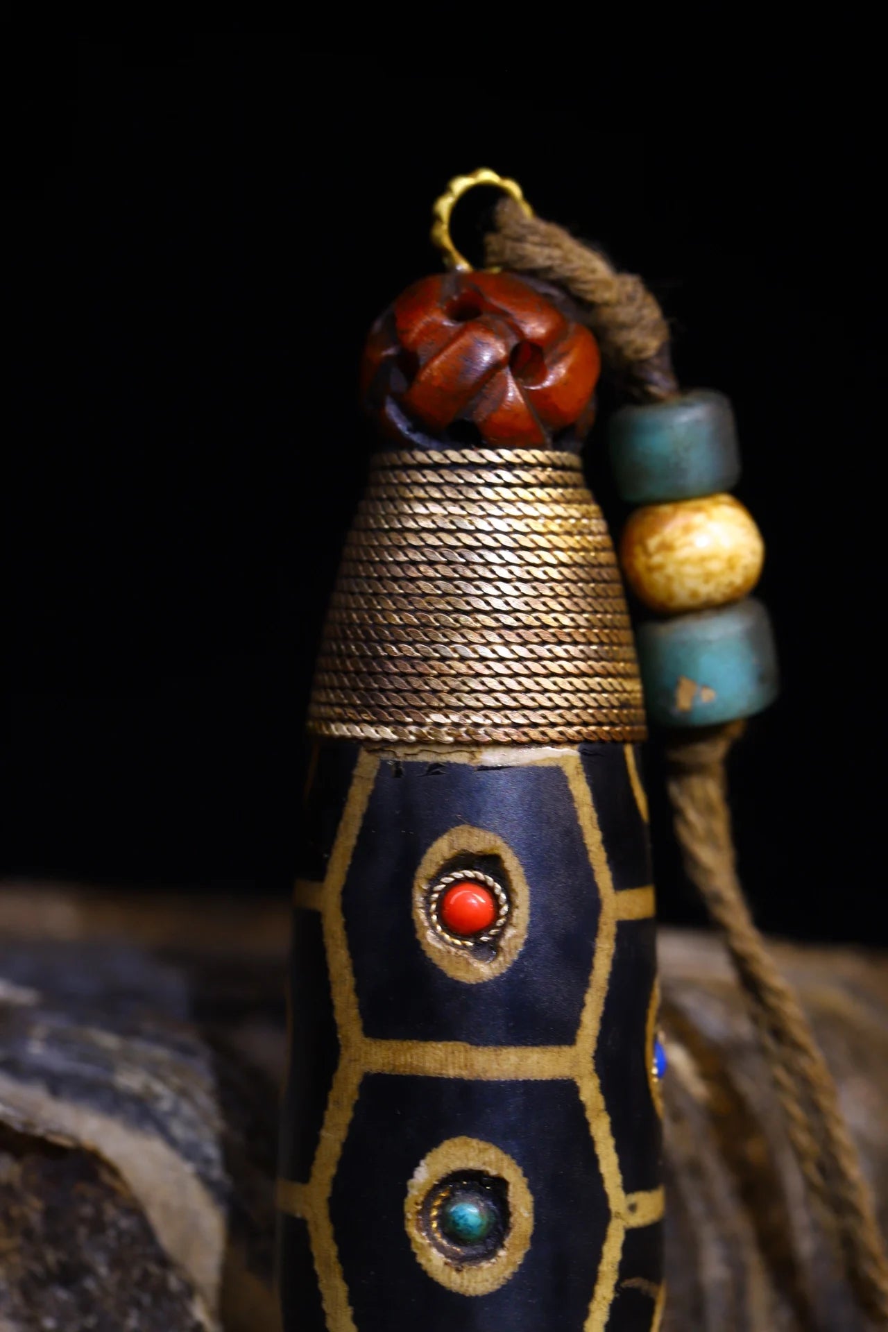 5"Tibet Temple Collection Old Natural Agate mosaic Gem gZi Beads Nine Eyed Buddha Beads Pendant Amulet Dharma Worship Hall