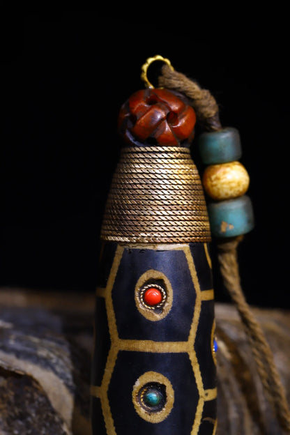 5"Tibet Temple Collection Old Natural Agate mosaic Gem gZi Beads Nine Eyed Buddha Beads Pendant Amulet Dharma Worship Hall