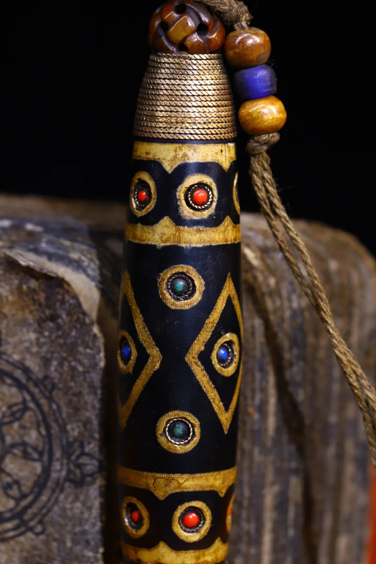5"Tibet Temple Collection Old Natural Agate mosaic Gem gZi Beads Nine Eyed Buddha Beads Pendant Amulet Dharma Worship Hall