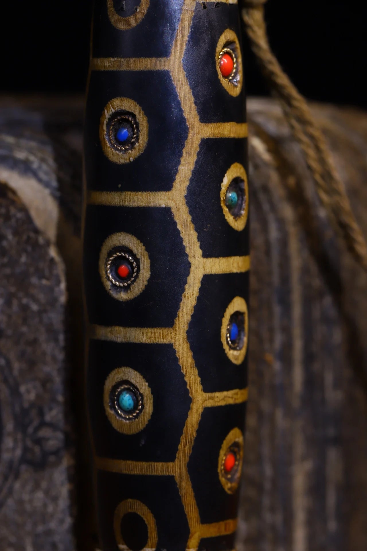 5"Tibet Temple Collection Old Natural Agate mosaic Gem gZi Beads Nine Eyed Buddha Beads Pendant Amulet Dharma Worship Hall