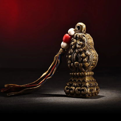 5"Tibetan Temple Collection Old Bronze Animal Pattern Buddha Seal Six Character Proverbs Pendant Amulet Dharma Worship Hall