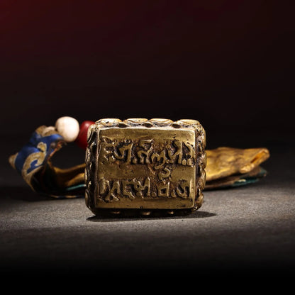5"Tibetan Temple Collection Old Bronze Animal Pattern Buddha Seal Six Character Proverbs Pendant Amulet Dharma Worship Hall