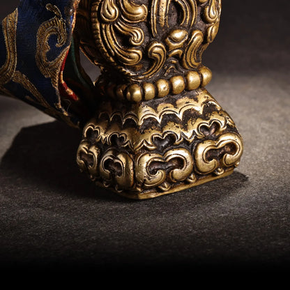 5"Tibetan Temple Collection Old Bronze Animal Pattern Buddha Seal Six Character Proverbs Pendant Amulet Dharma Worship Hall