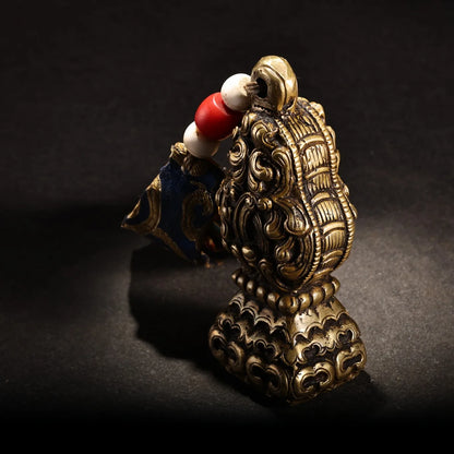 5"Tibetan Temple Collection Old Bronze Animal Pattern Buddha Seal Six Character Proverbs Pendant Amulet Dharma Worship Hall