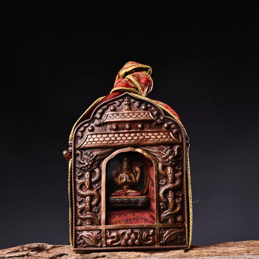 5"Tibetan Temple Collection Old Bronze Cinnabar Four Arm Guanyin Gawu Box Relief Dragon statue Pendant Amulet Dharma