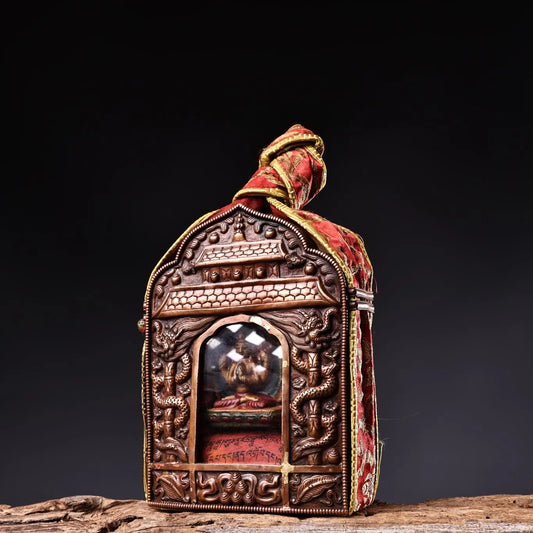 5"Tibetan Temple Collection Old Bronze Cinnabar Four Arm Guanyin Gawu Box Relief Dragon statue Pendant Amulet Dharma
