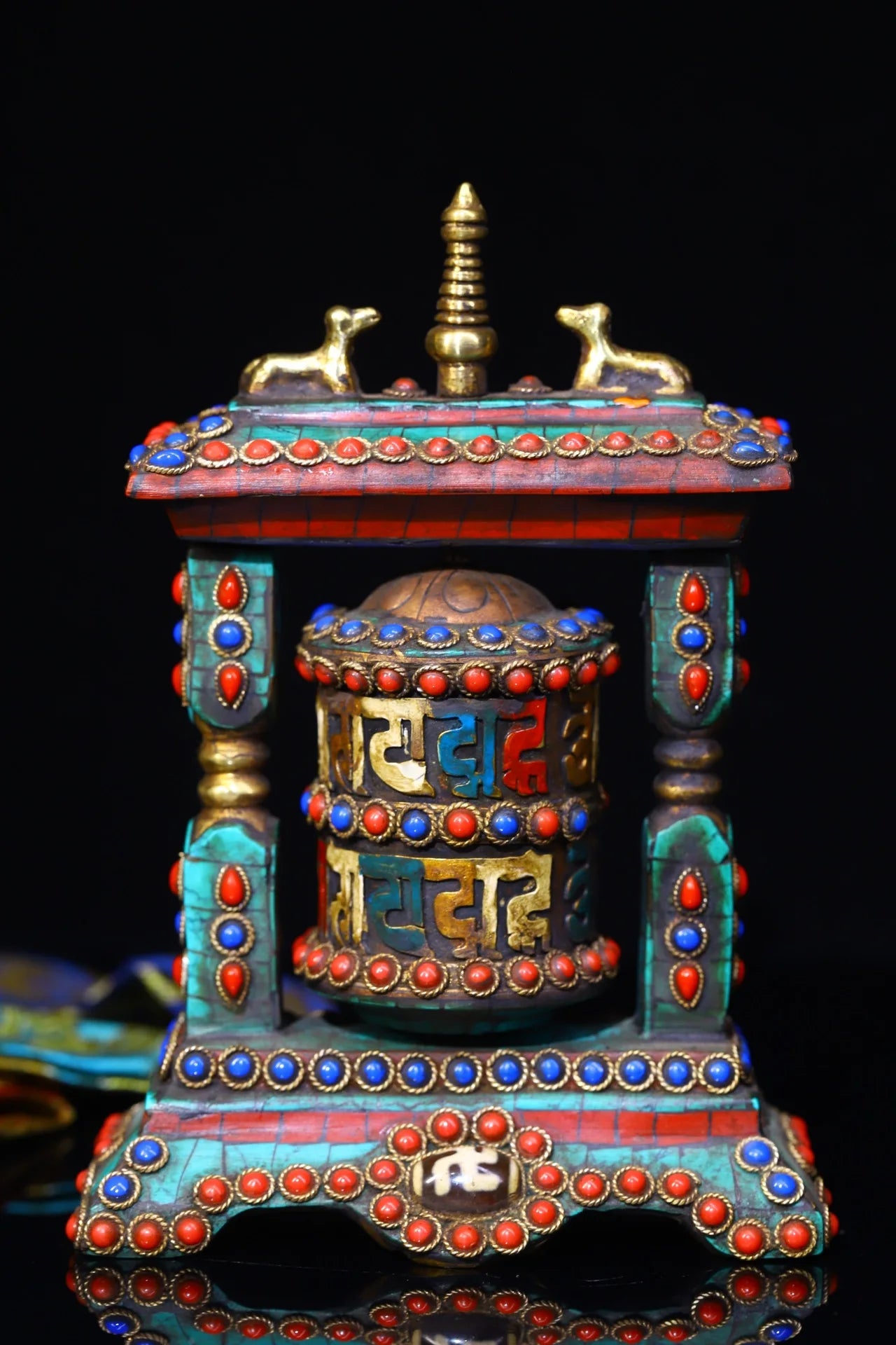 5"Tibetan Temple Collection Old Bronze Mosaic Gem gZi Beads Turquoise Six Word Proverbs Prayer Wheel Old Scriptures Worship Hall