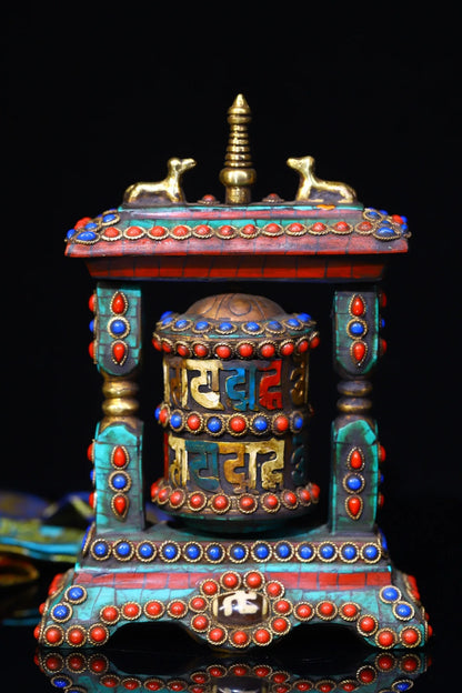 5"Tibetan Temple Collection Old Bronze Mosaic Gem gZi Beads Turquoise Six Word Proverbs Prayer Wheel Old Scriptures Worship Hall