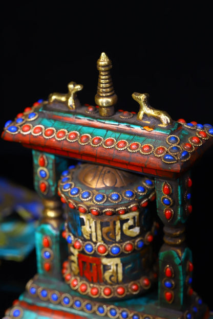5"Tibetan Temple Collection Old Bronze Mosaic Gem gZi Beads Turquoise Six Word Proverbs Prayer Wheel Old Scriptures Worship Hall