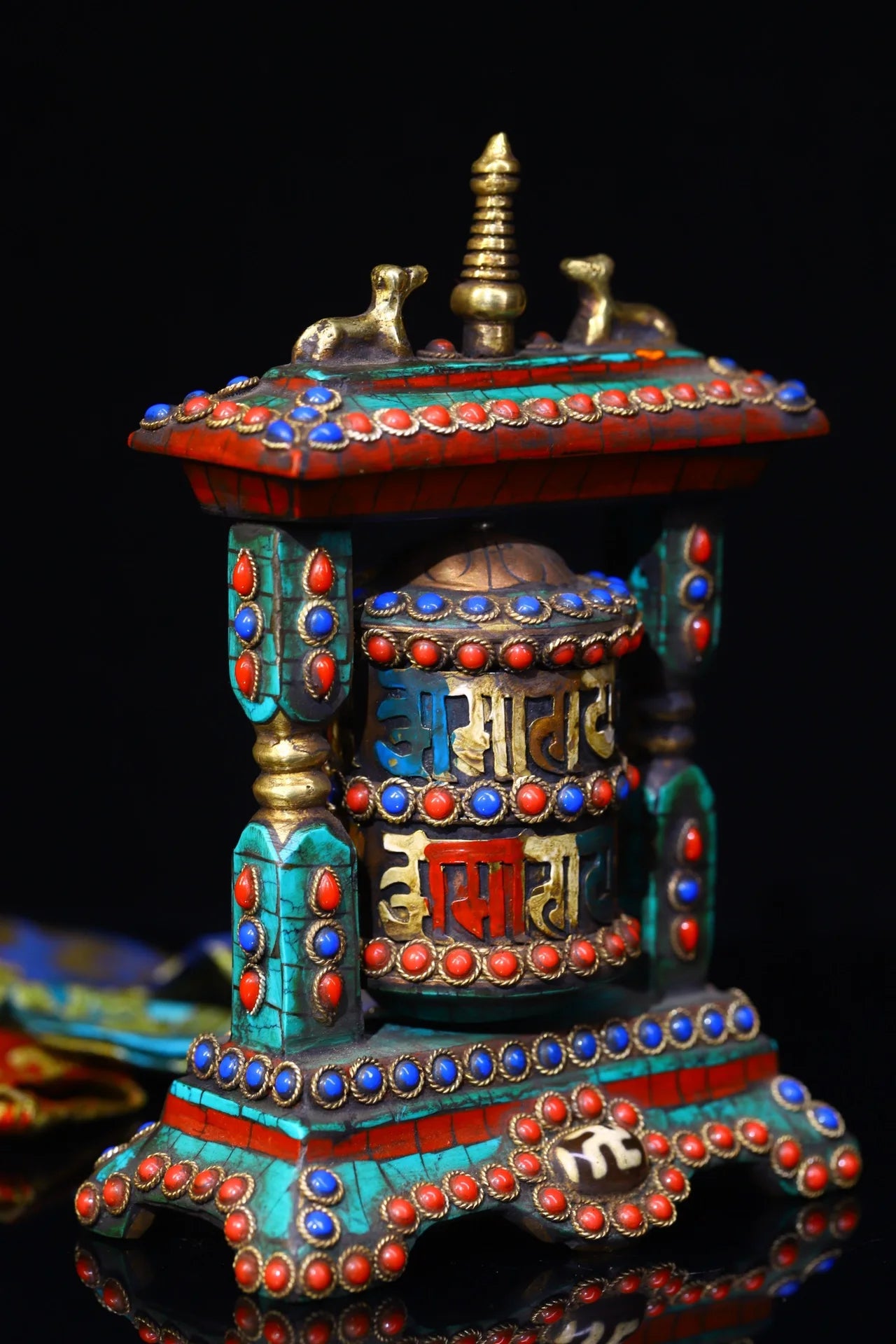 5"Tibetan Temple Collection Old Bronze Mosaic Gem gZi Beads Turquoise Six Word Proverbs Prayer Wheel Old Scriptures Worship Hall