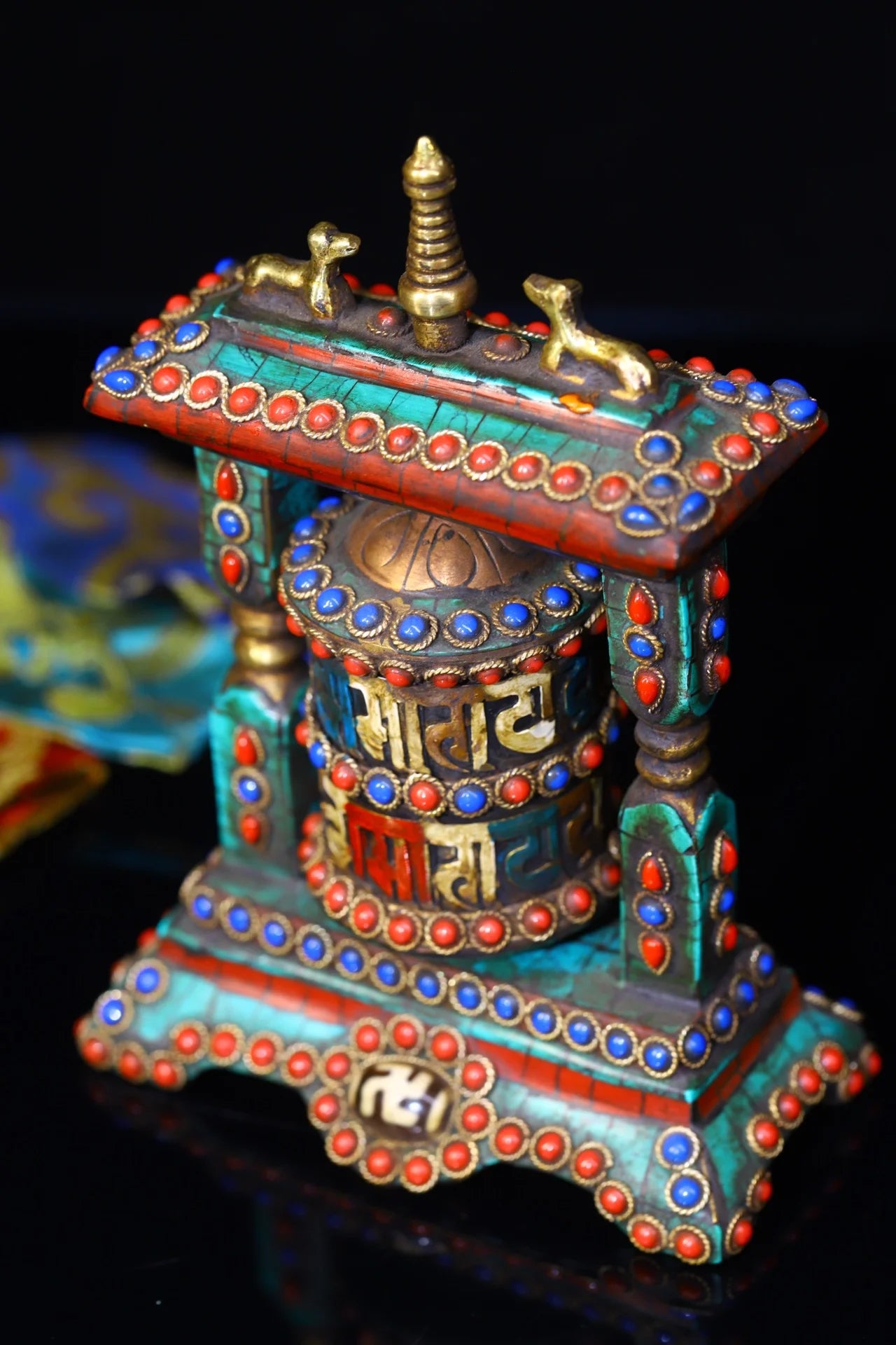 5"Tibetan Temple Collection Old Bronze Mosaic Gem gZi Beads Turquoise Six Word Proverbs Prayer Wheel Old Scriptures Worship Hall