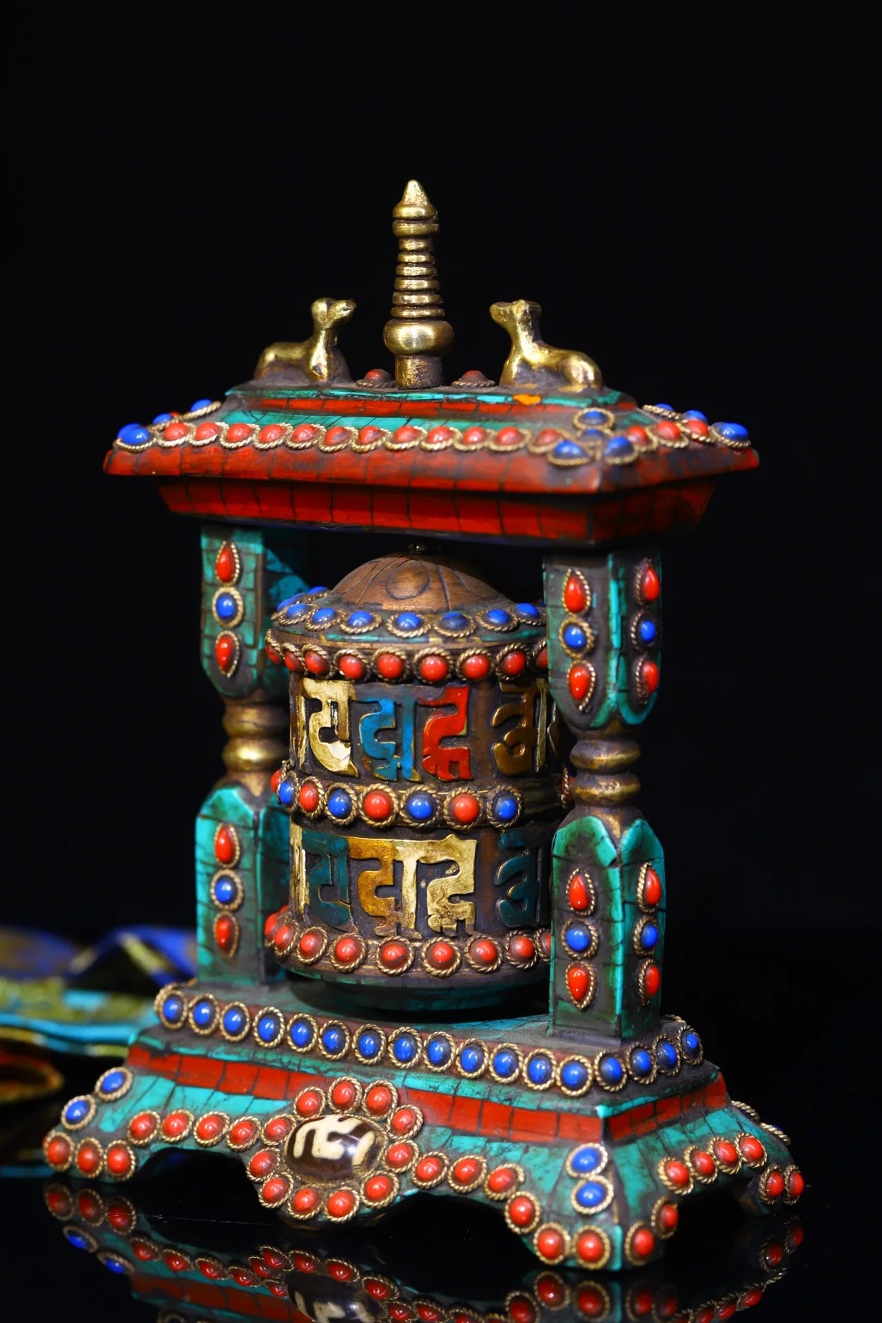 5"Tibetan Temple Collection Old Bronze Mosaic Gem gZi Beads Turquoise Six Word Proverbs Prayer Wheel Old Scriptures Worship Hall