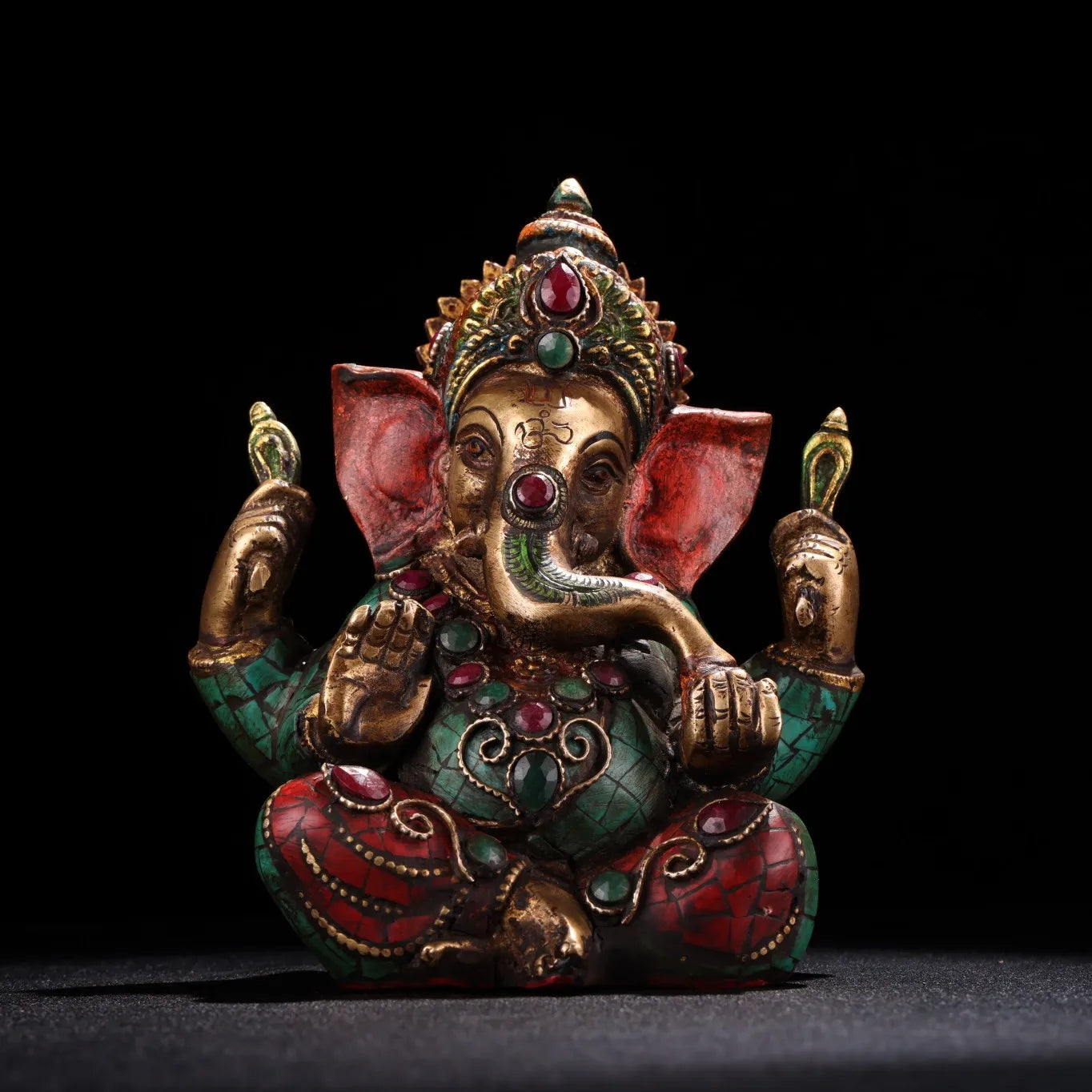 5"Tibetan Temple Collection Old Bronze Outline in gold Gem Turquoise Ganesha Buddha Elephant Trunk God of Wealth Worship Hall