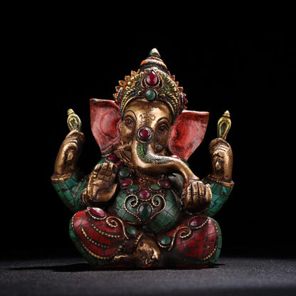 5"Tibetan Temple Collection Old Bronze Outline in gold Gem Turquoise Ganesha Buddha Elephant Trunk God of Wealth Worship Hall