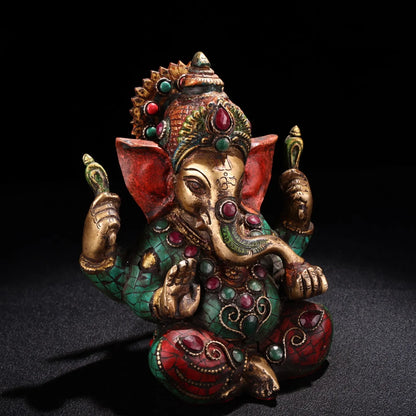 5"Tibetan Temple Collection Old Bronze Outline in gold Gem Turquoise Ganesha Buddha Elephant Trunk God of Wealth Worship Hall