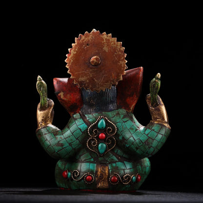 5"Tibetan Temple Collection Old Bronze Outline in gold Gem Turquoise Ganesha Buddha Elephant Trunk God of Wealth Worship Hall