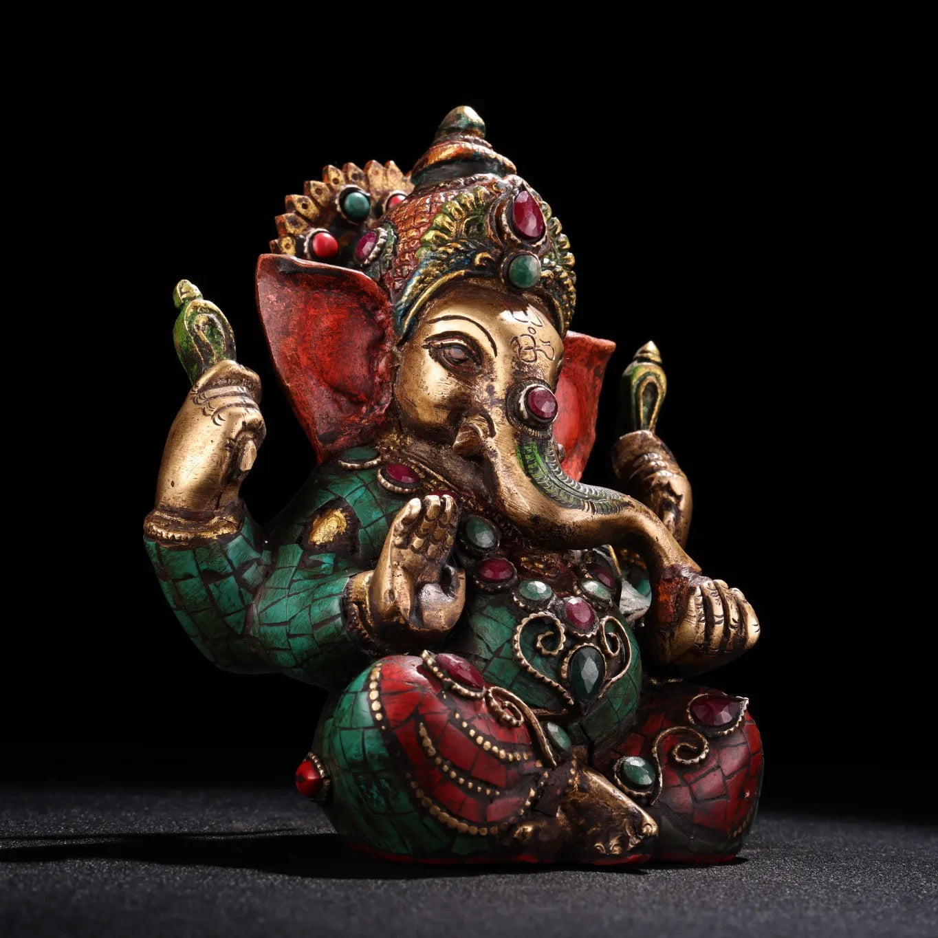 5"Tibetan Temple Collection Old Bronze Outline in gold Gem Turquoise Ganesha Buddha Elephant Trunk God of Wealth Worship Hall