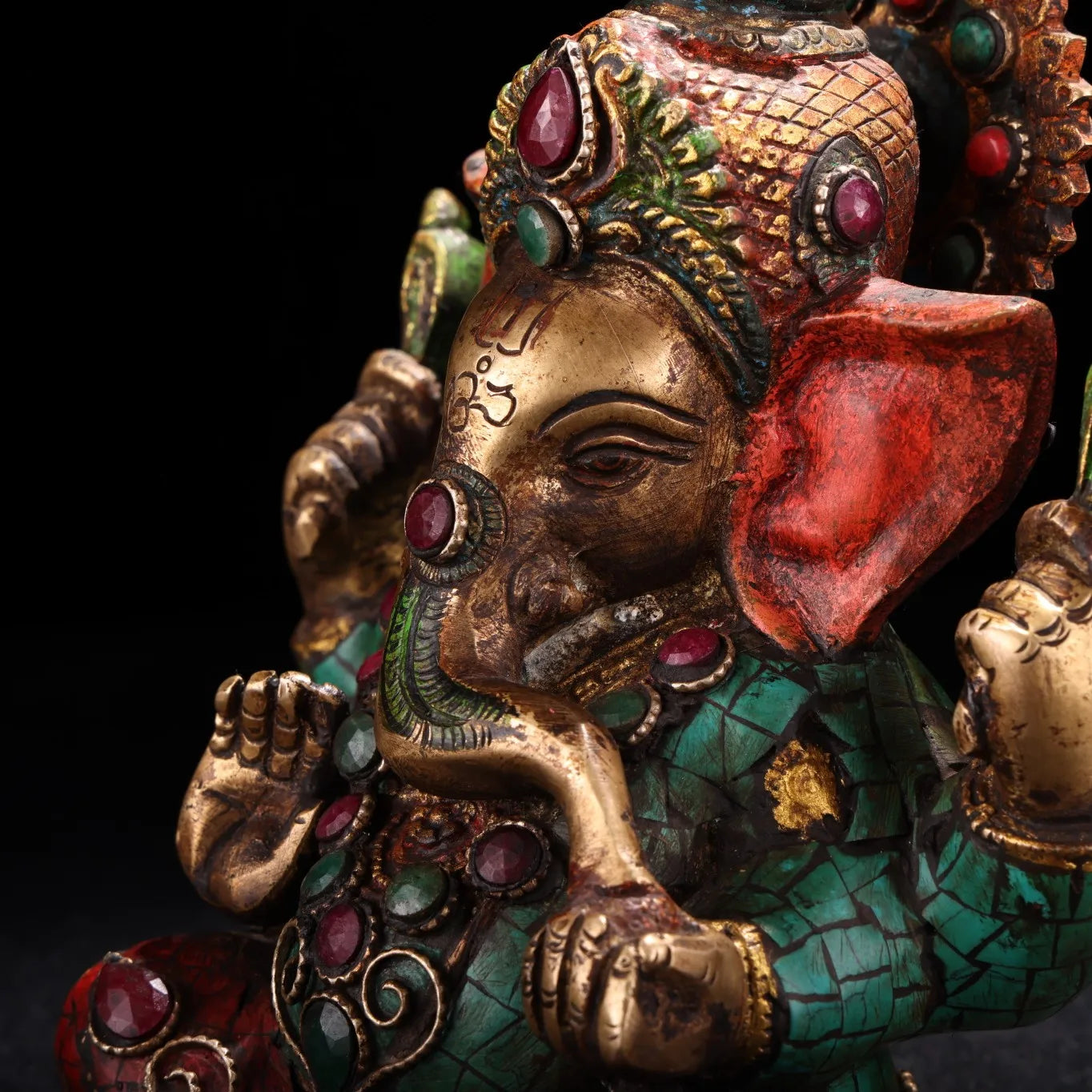 5"Tibetan Temple Collection Old Bronze Outline in gold Gem Turquoise Ganesha Buddha Elephant Trunk God of Wealth Worship Hall