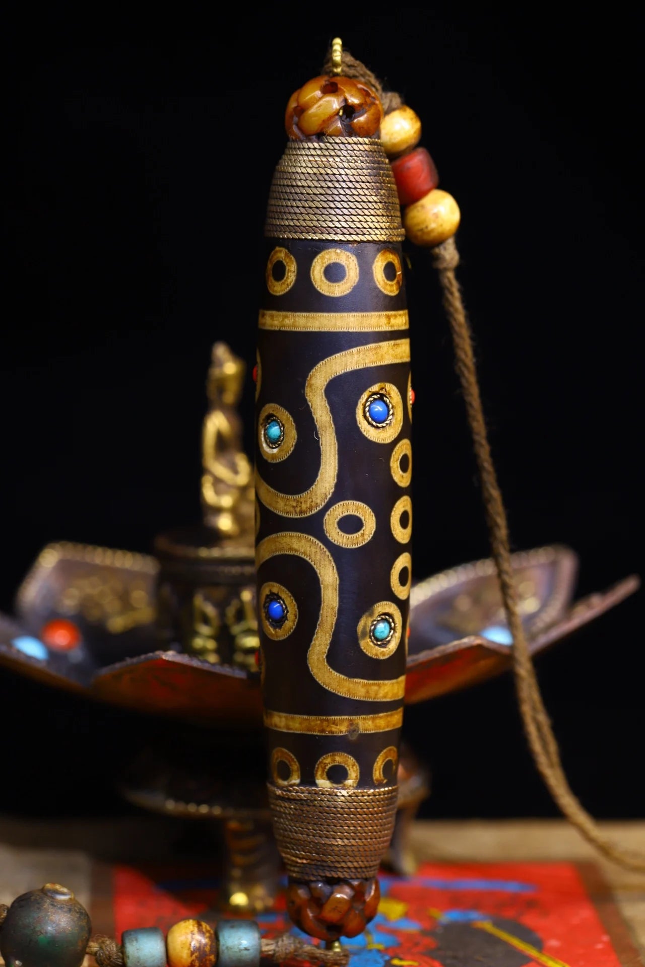 5"Tibetan Temple Collection Old Natural Agate Mosaic Gem gZi Beads Buddha Beads Pendant Amulet Dharma Town house Exorcism