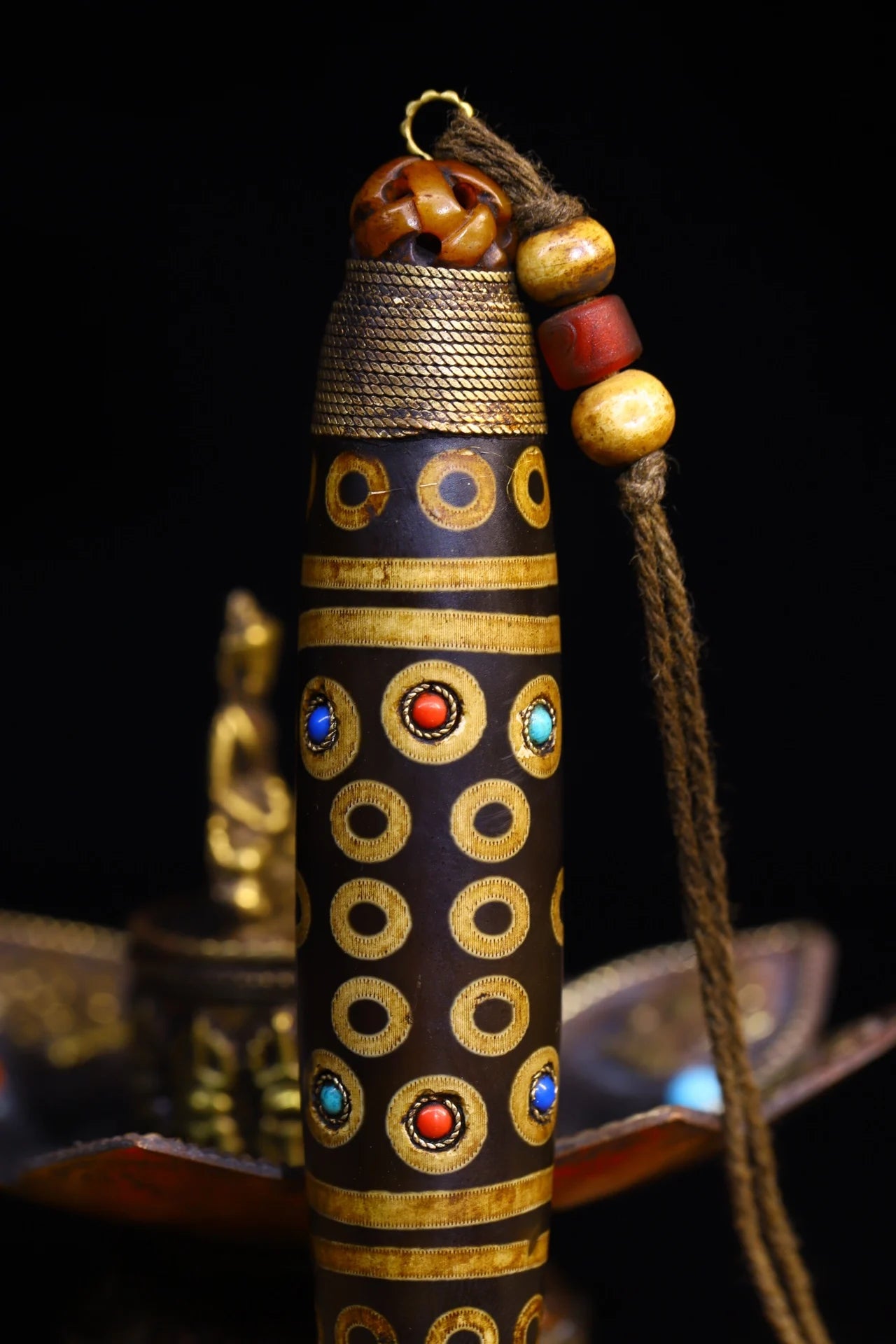 5"Tibetan Temple Collection Old Natural Agate Mosaic Gem gZi Beads Buddha Beads Pendant Amulet Dharma Town house Exorcism