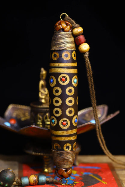 5"Tibetan Temple Collection Old Natural Agate Mosaic Gem gZi Beads Buddha Beads Pendant Amulet Dharma Town house Exorcism