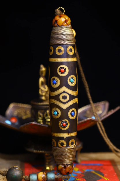 5"Tibetan Temple Collection Old Natural Agate Mosaic Gem gZi Beads Buddha Beads Pendant Amulet Dharma Town house Exorcism