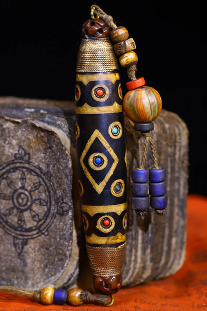 5"Tibetan Temple Collection Old Natural Agate Mosaic Gem gZi Beads Nine eyes Dzi Bead Pendant Amulet Town House Exorcism