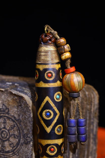 5"Tibetan Temple Collection Old Natural Agate Mosaic Gem gZi Beads Nine eyes Dzi Bead Pendant Amulet Town House Exorcism