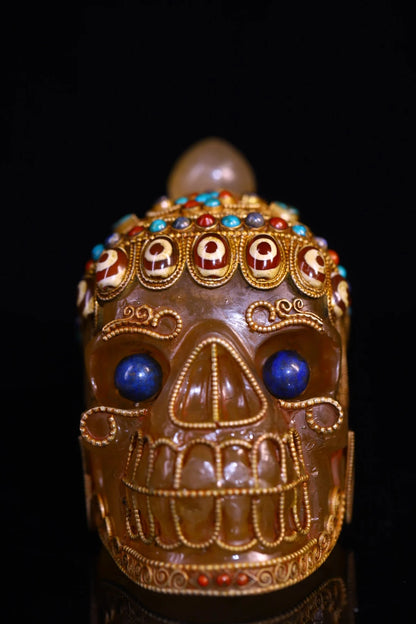 5"Tibetan Temple Collection Old Natural Crystal Cinnabar Tibetan silver Mosaic Gem gZi Beads Skull Head Worship Hall Town house