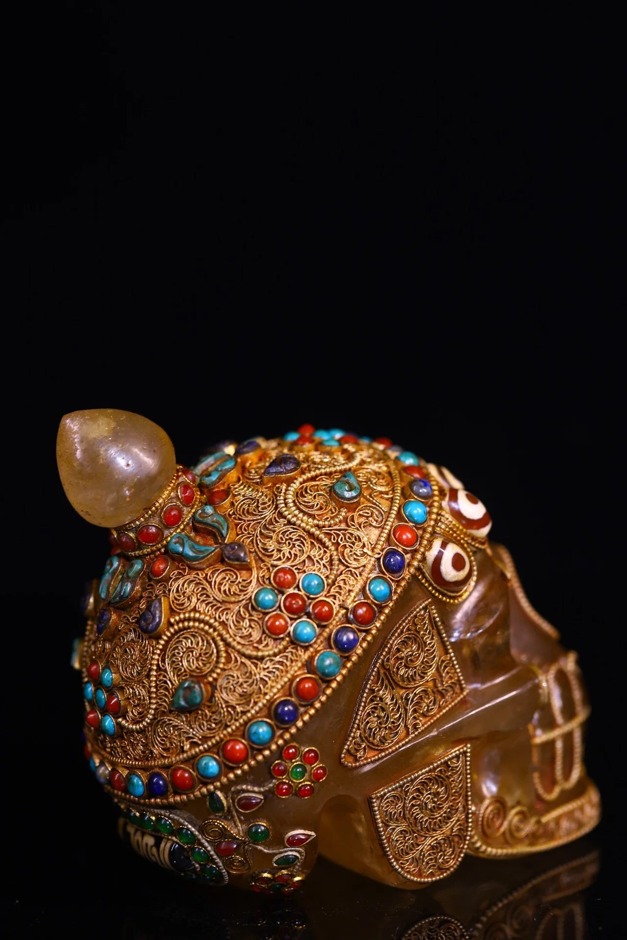 5"Tibetan Temple Collection Old Natural Crystal Cinnabar Tibetan silver Mosaic Gem gZi Beads Skull Head Worship Hall Town house