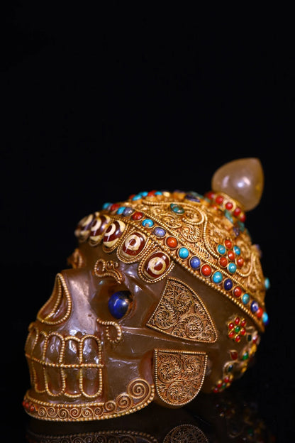 5"Tibetan Temple Collection Old Natural Crystal Cinnabar Tibetan silver Mosaic Gem gZi Beads Skull Head Worship Hall Town house