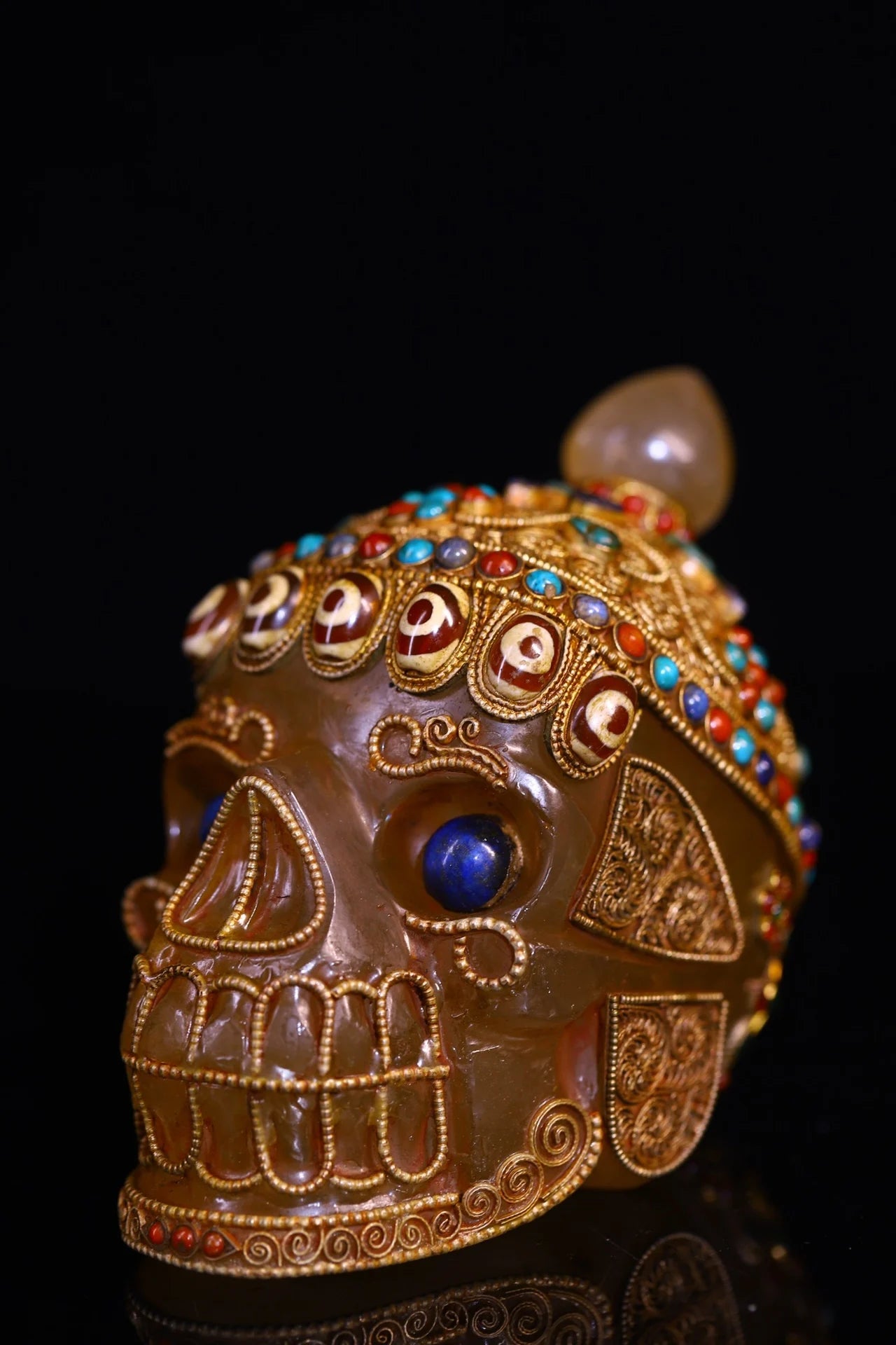 5"Tibetan Temple Collection Old Natural Crystal Cinnabar Tibetan silver Mosaic Gem gZi Beads Skull Head Worship Hall Town house
