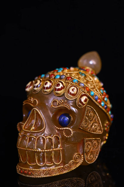 5"Tibetan Temple Collection Old Natural Crystal Cinnabar Tibetan silver Mosaic Gem gZi Beads Skull Head Worship Hall Town house