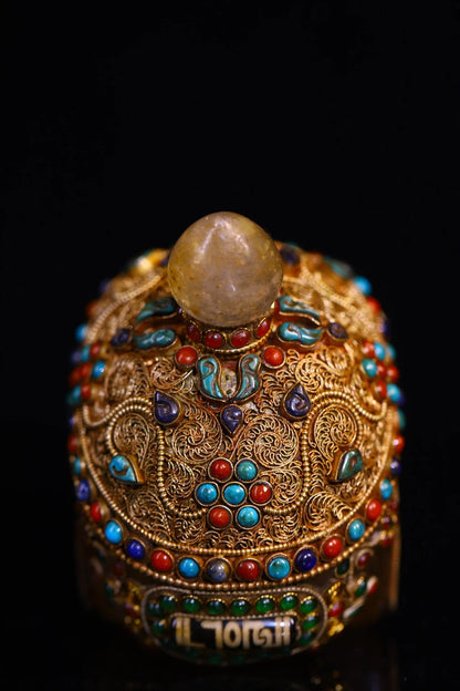 5"Tibetan Temple Collection Old Natural Crystal Cinnabar Tibetan silver Mosaic Gem gZi Beads Skull Head Worship Hall Town house