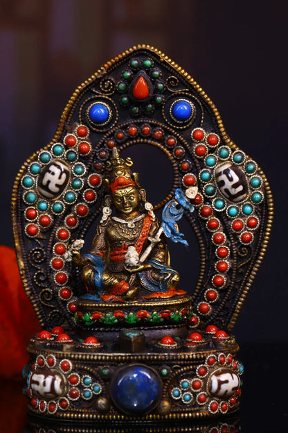 5"Tibetan Temple Collection Old Tibetan silver Outline in gold Mosaic Gem gZi Bead Padmasambhava Buddhist Niche Worship Hall