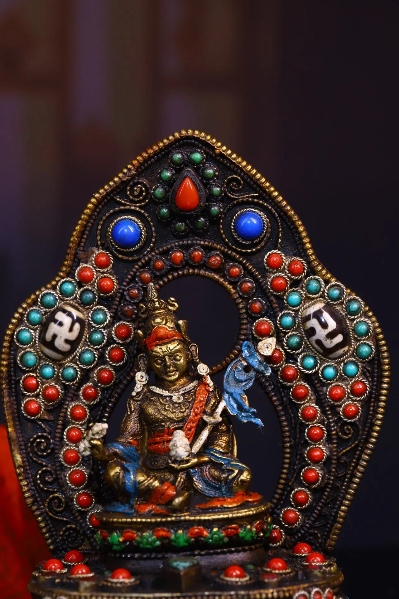 5"Tibetan Temple Collection Old Tibetan silver Outline in gold Mosaic Gem gZi Bead Padmasambhava Buddhist Niche Worship Hall