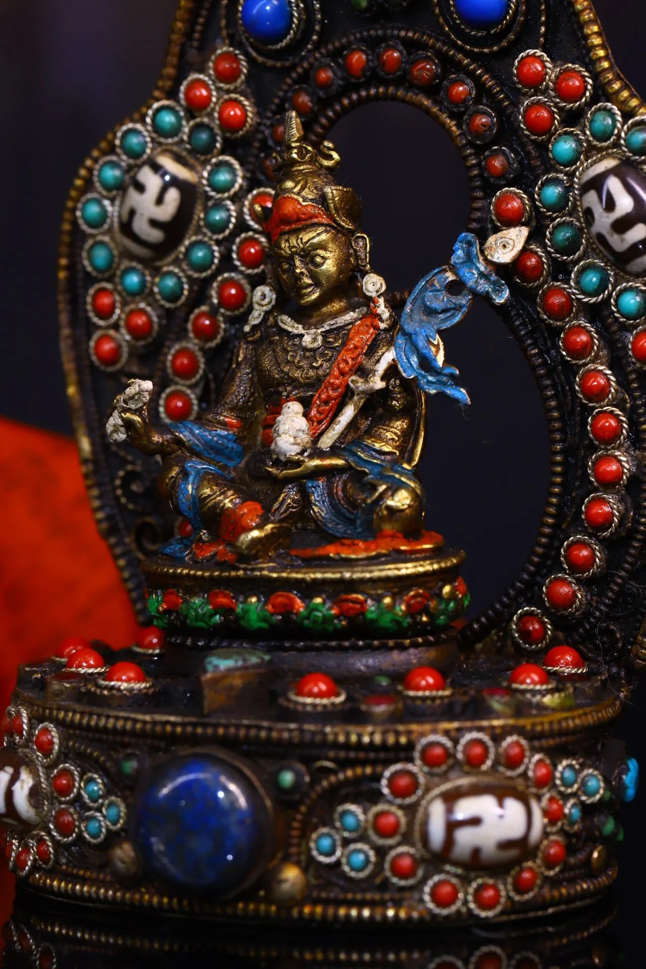5"Tibetan Temple Collection Old Tibetan silver Outline in gold Mosaic Gem gZi Bead Padmasambhava Buddhist Niche Worship Hall
