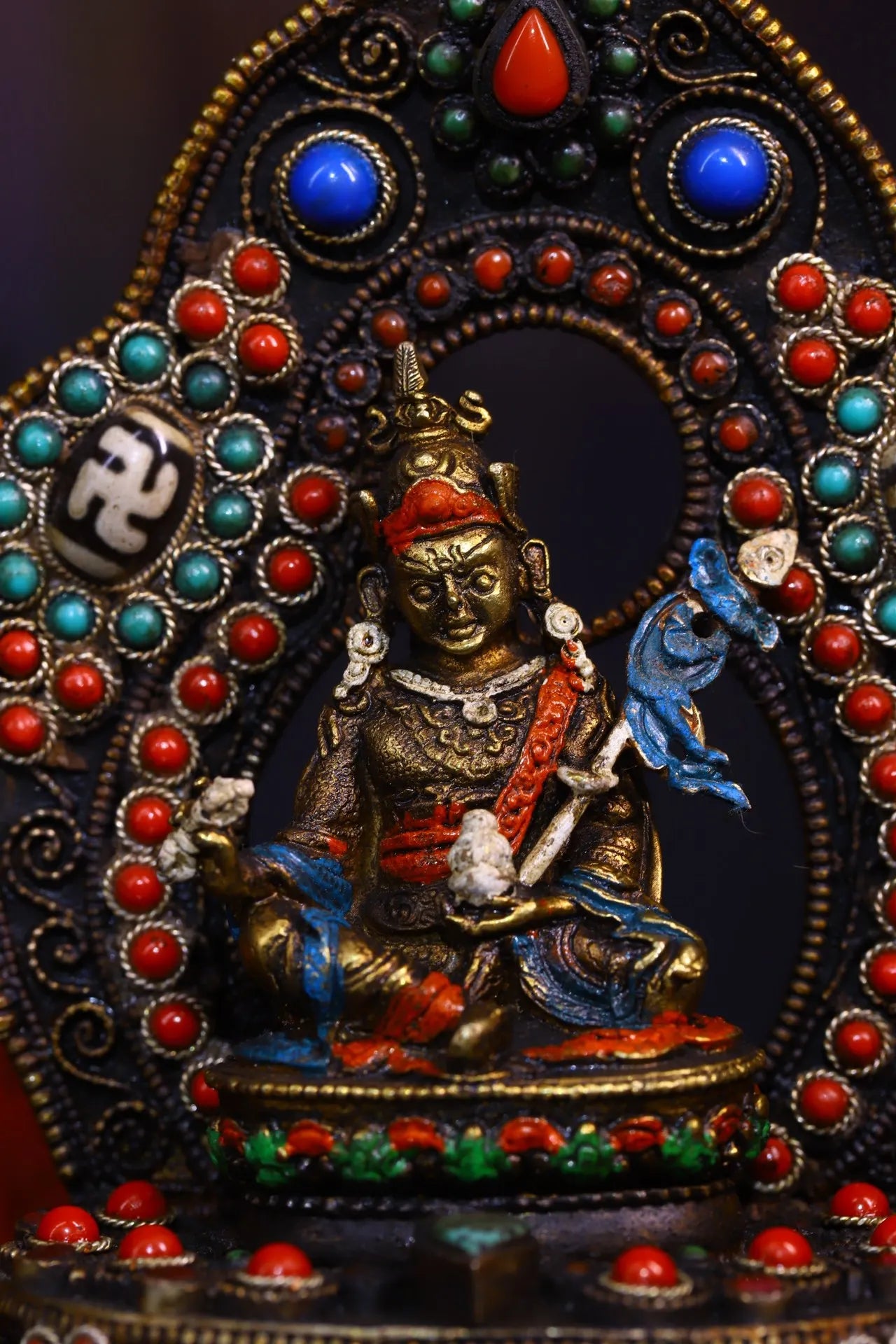 5"Tibetan Temple Collection Old Tibetan silver Outline in gold Mosaic Gem gZi Bead Padmasambhava Buddhist Niche Worship Hall