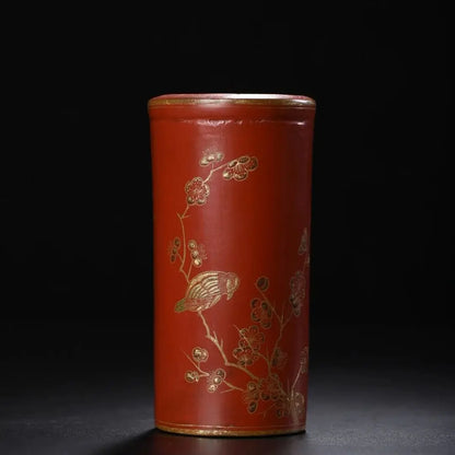 5"Tibetan Temple CollectionOld Wood Lacquerware Outline in gold Flower Bird Patterns Poetry pen container Amass wealth Ornaments