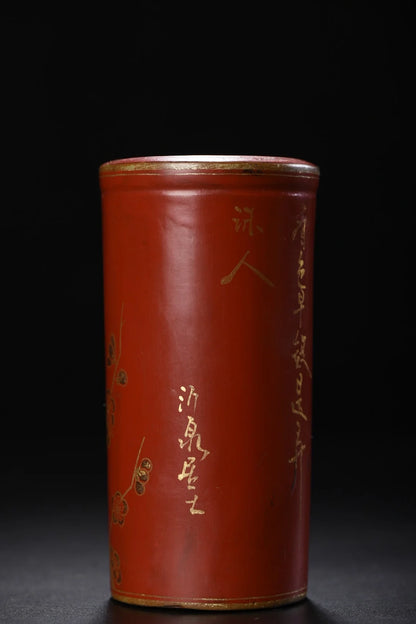 5"Tibetan Temple CollectionOld Wood Lacquerware Outline in gold Flower Bird Patterns Poetry pen container Amass wealth Ornaments