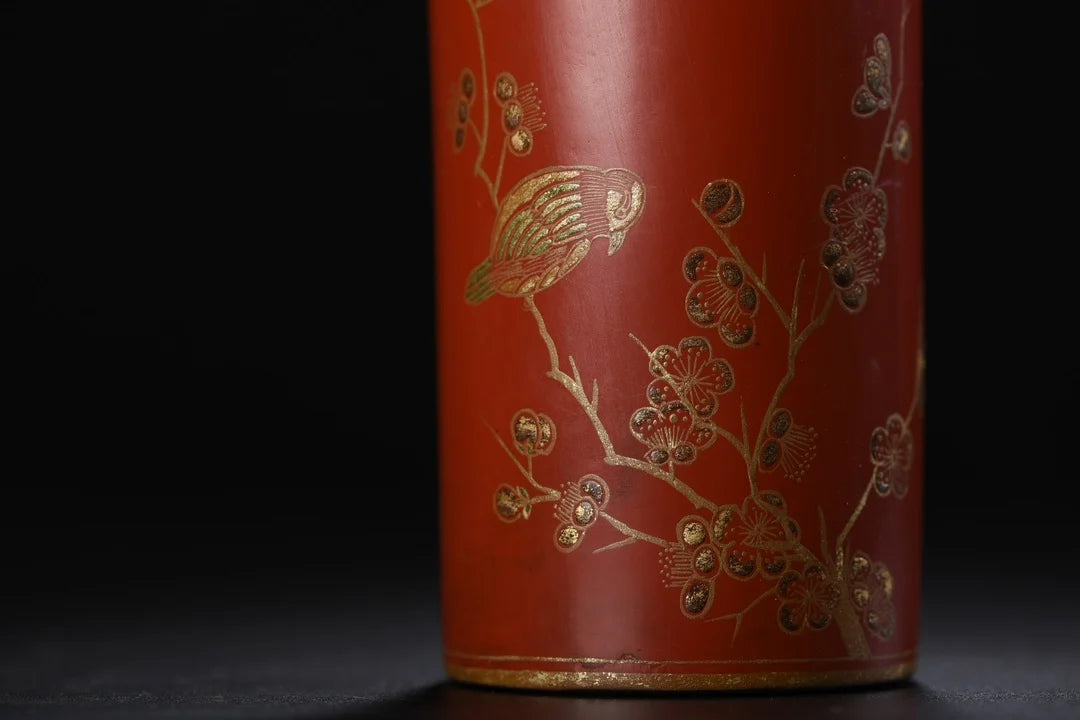 5"Tibetan Temple CollectionOld Wood Lacquerware Outline in gold Flower Bird Patterns Poetry pen container Amass wealth Ornaments