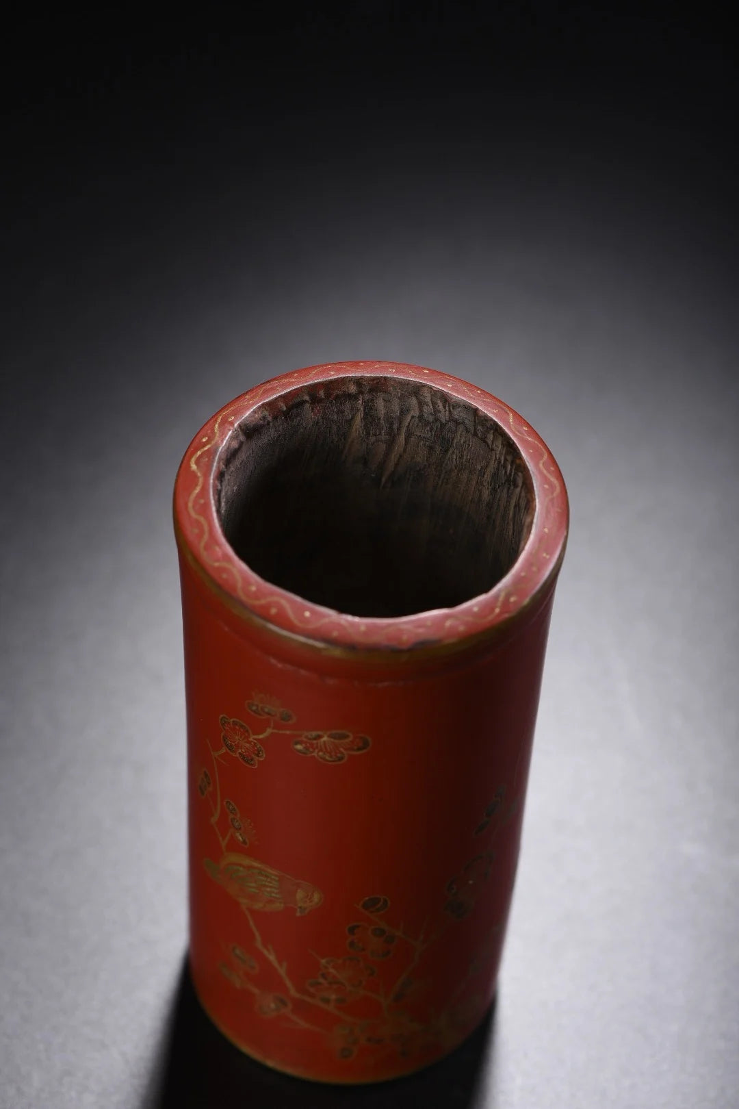 5"Tibetan Temple CollectionOld Wood Lacquerware Outline in gold Flower Bird Patterns Poetry pen container Amass wealth Ornaments