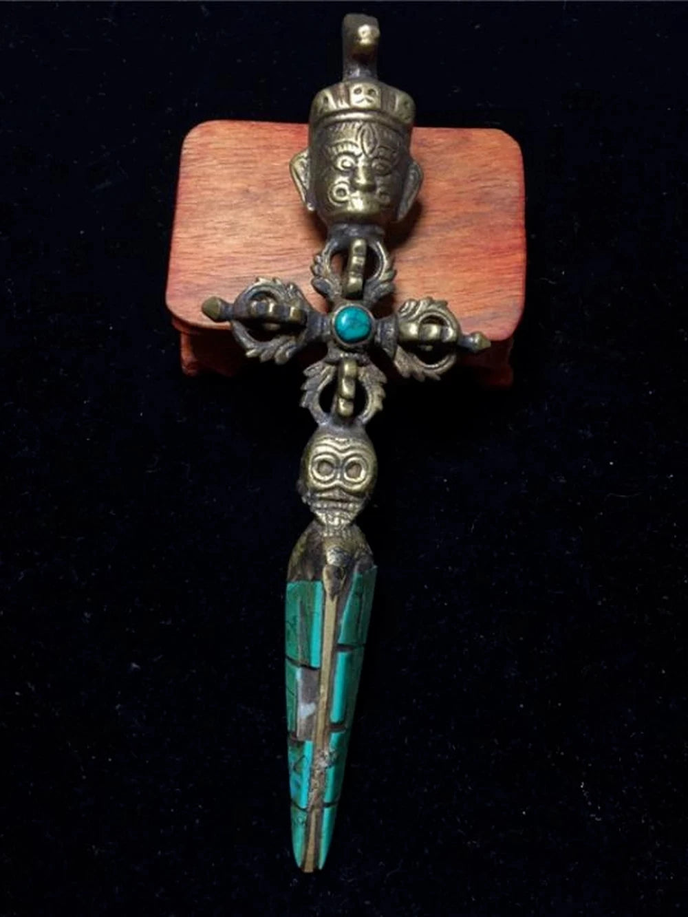 5"old China Bronze Gilt Mosaic Turquoise Dorje Vajra Phurpa Dagger Statue Sculptures Collection Ornaments