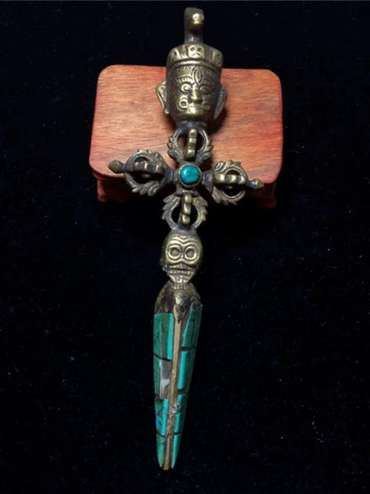 5"old China Bronze Gilt Mosaic Turquoise Dorje Vajra Phurpa Dagger Statue Sculptures Collection Ornaments