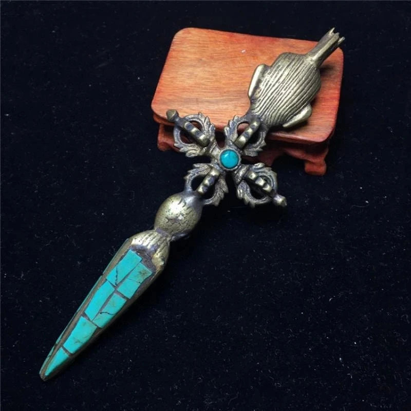 5"old China Bronze Gilt Mosaic Turquoise Dorje Vajra Phurpa Dagger Statue Sculptures Collection Ornaments