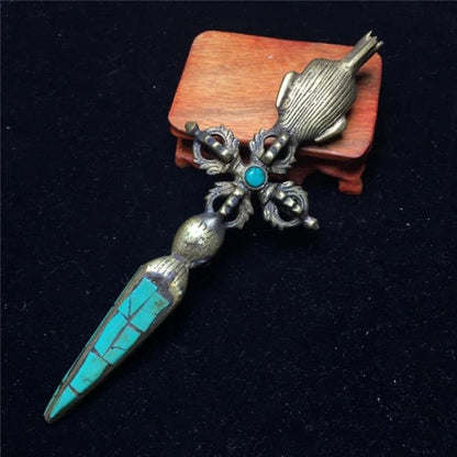 5"old China Bronze Gilt Mosaic Turquoise Dorje Vajra Phurpa Dagger Statue Sculptures Collection Ornaments