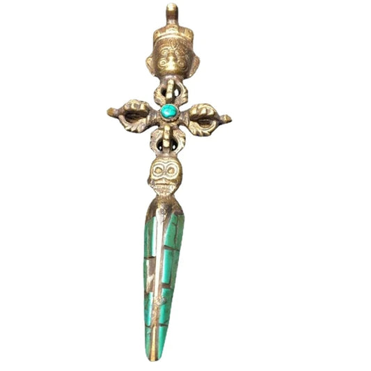 5"old China Bronze Gilt Mosaic Turquoise Dorje Vajra Phurpa Dagger Statue Sculptures Collection Ornaments