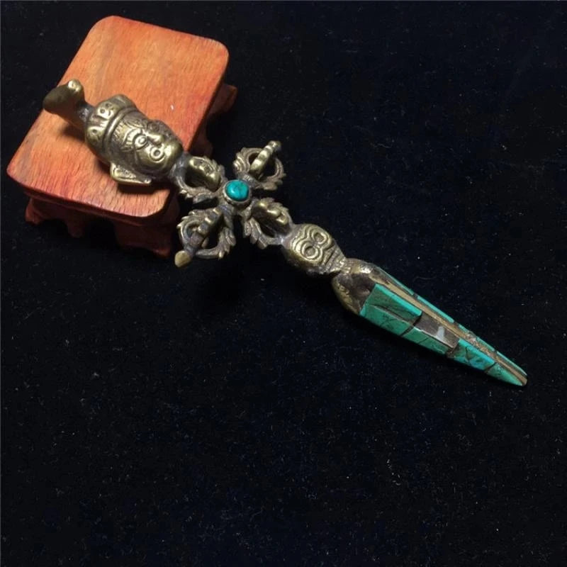 5"old China Bronze Gilt Mosaic Turquoise Dorje Vajra Phurpa Dagger Statue Sculptures Collection Ornaments