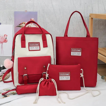 5 pcs sets canvas School Bags For Teenage Girls Women New Trend Female Backpack Nylon Women Backpack Child Student Shoulder Bag